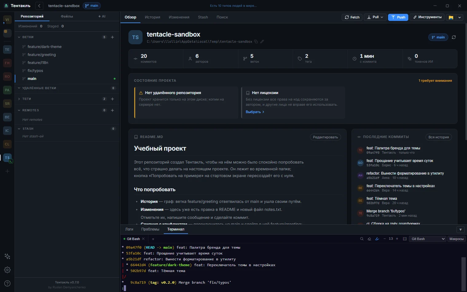Обзор проекта: статистика, состояние, README и последние коммиты; внизу терминал с цветным графом git log