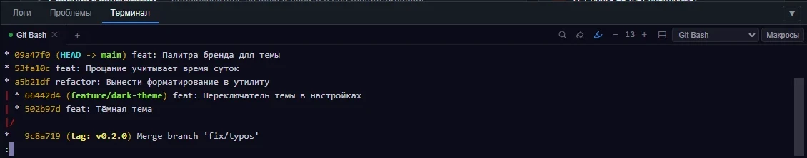 Встроенный терминал Git Bash с цветным графом git log, поиском и макросами